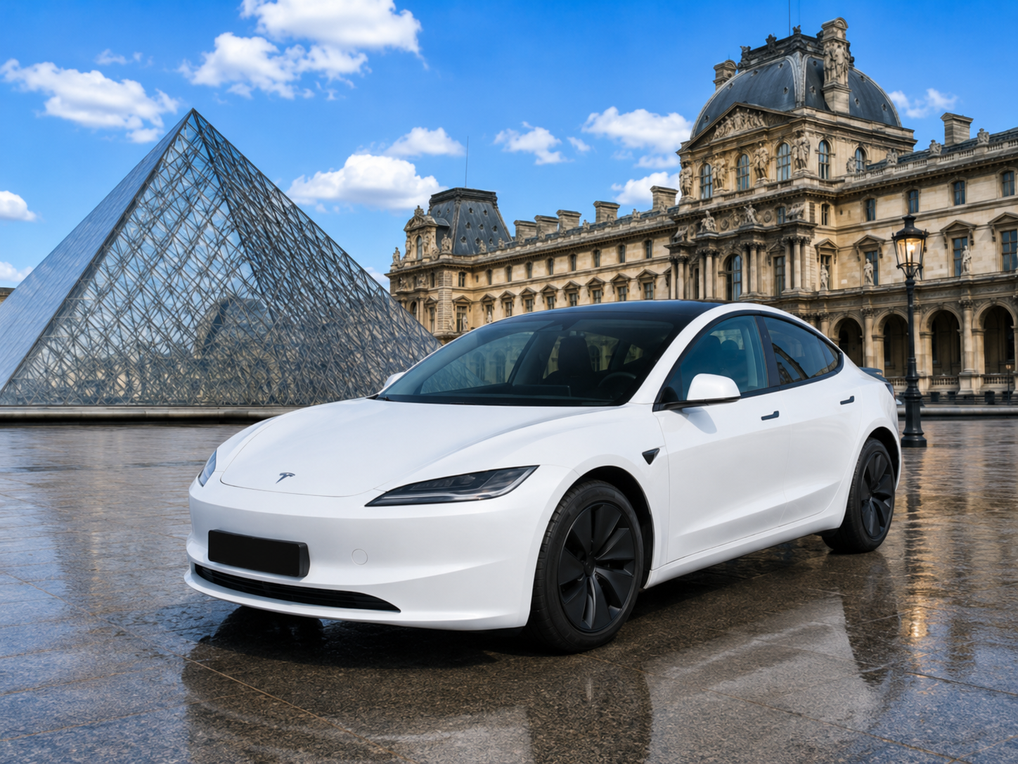 Tesla Model 3 blanche devant la pyramide du Louvre