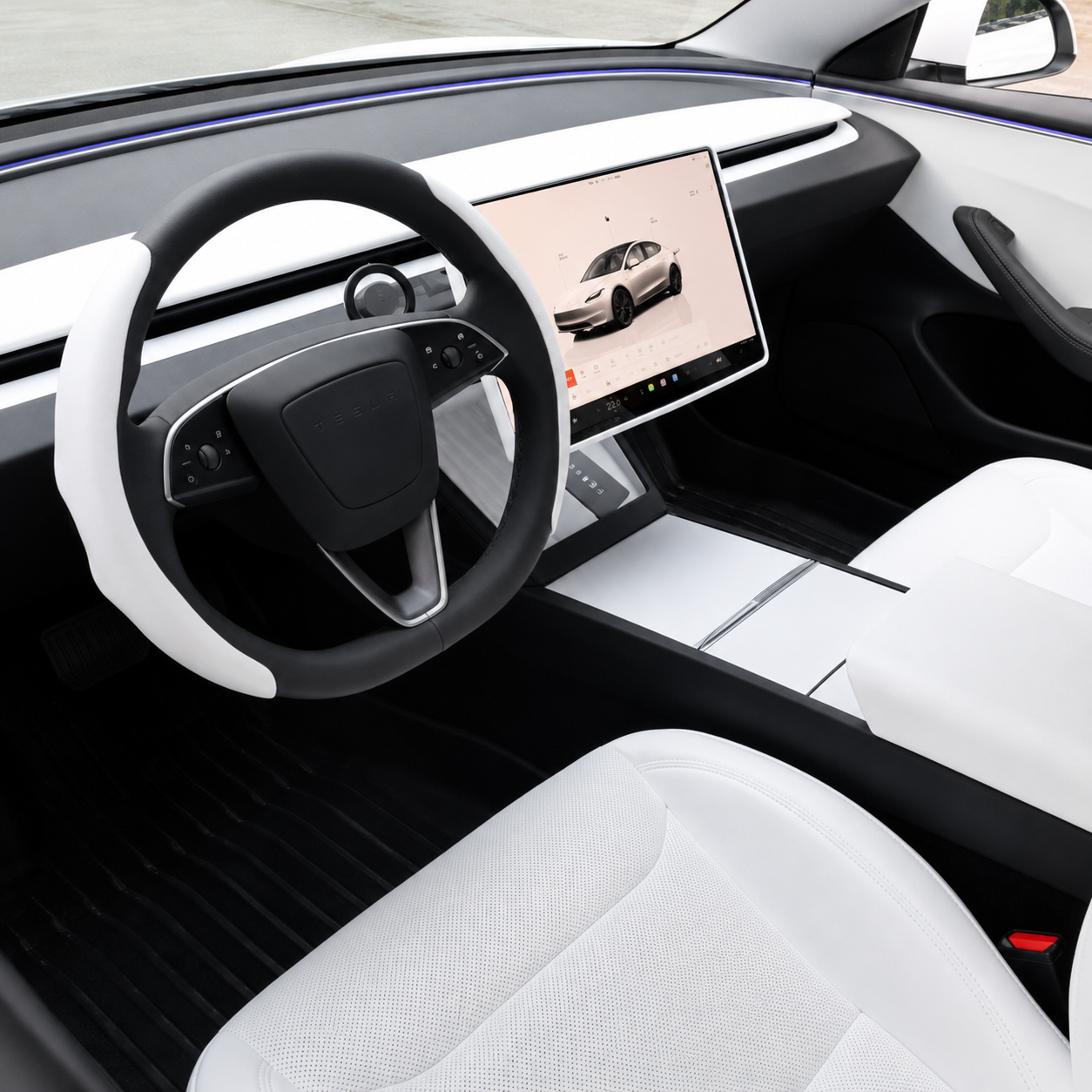 Intérieur Tesla Model 3 : volant et grand écran central