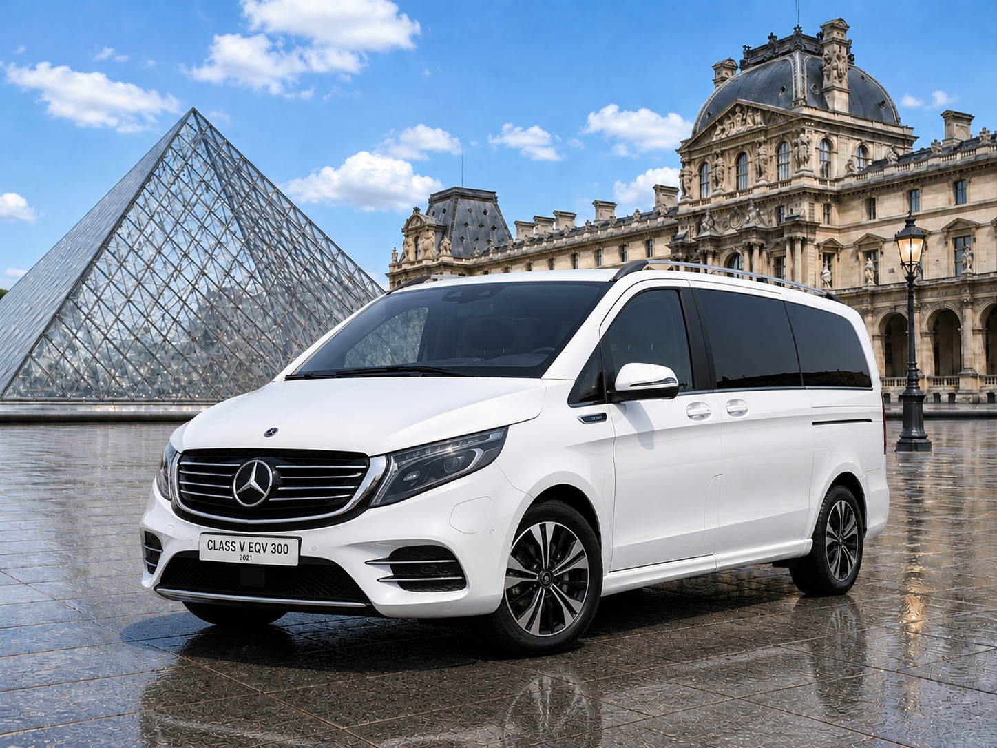 Mercedes Class V EQV 300 blanc devant la pyramide du Louvre