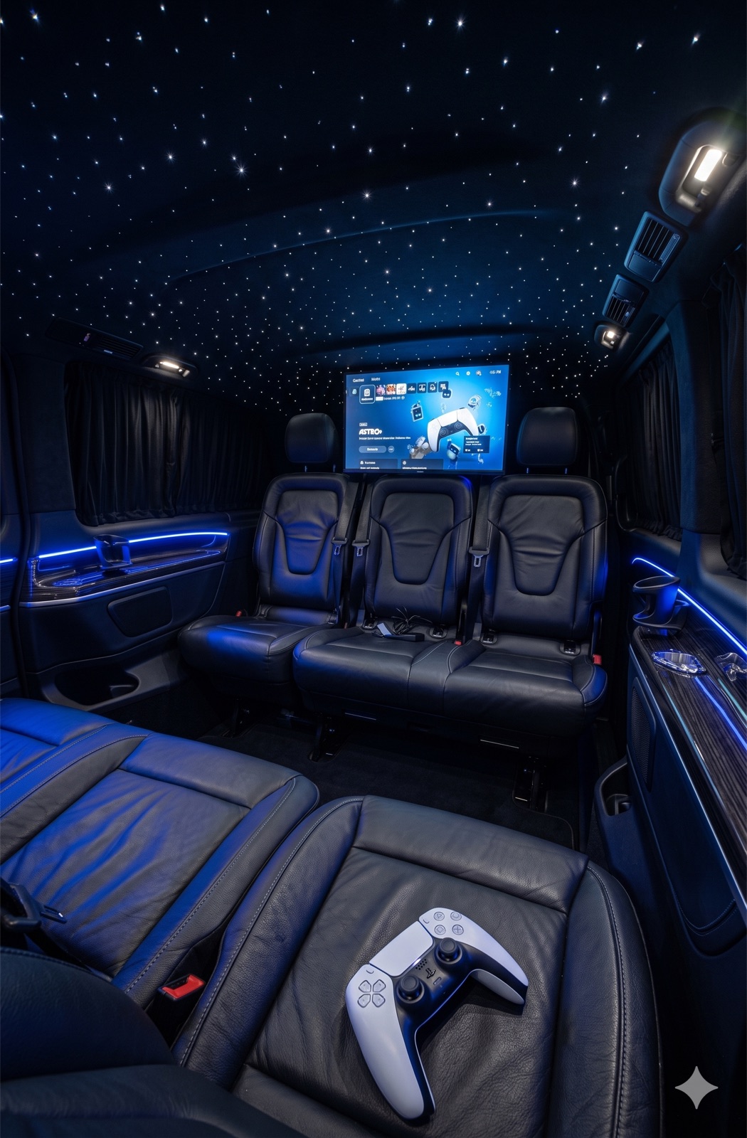 Salon privé avec PlayStation 5 et ciel étoilé fibre optique