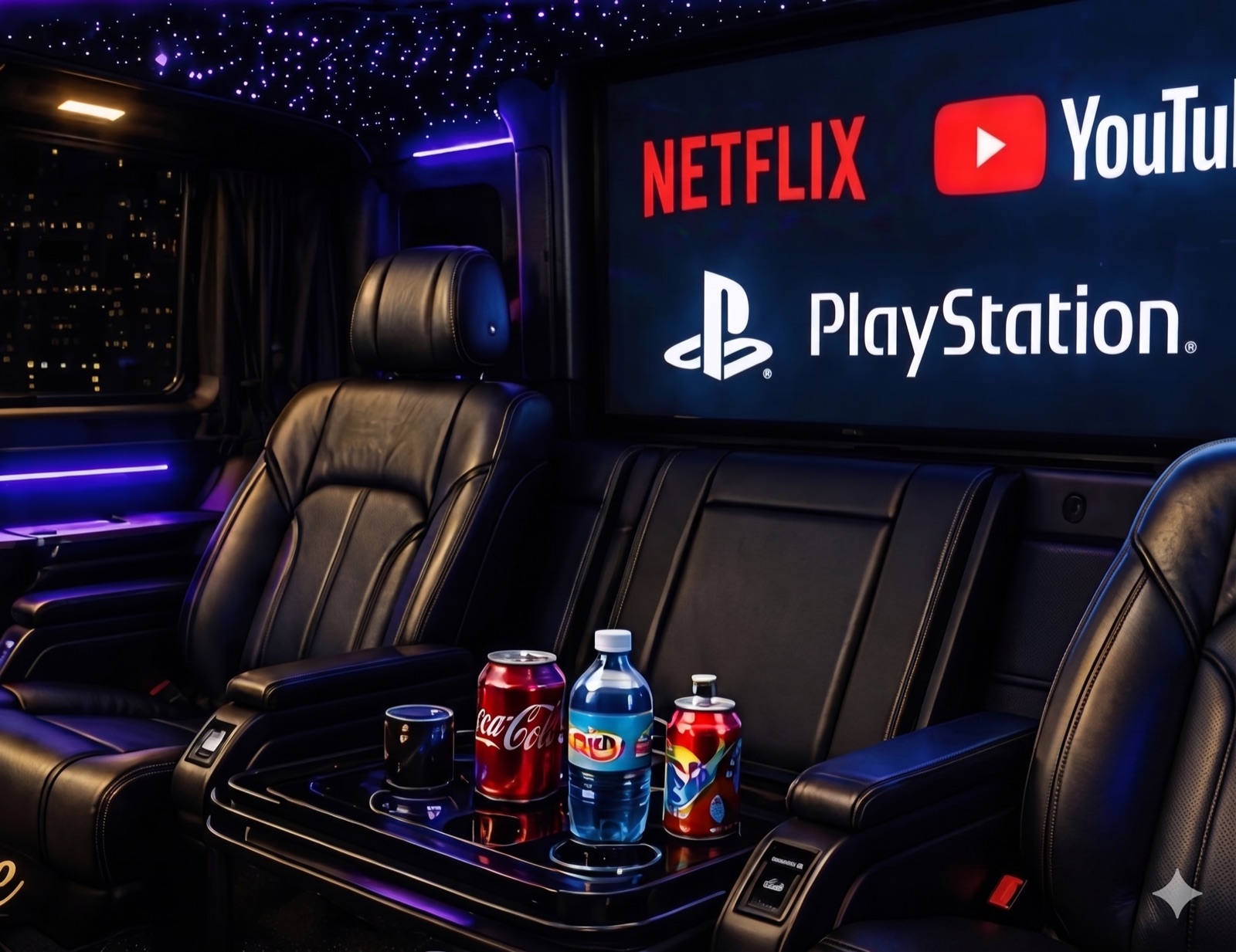 Écran multimédia Netflix, YouTube et PlayStation avec boissons offertes à bord